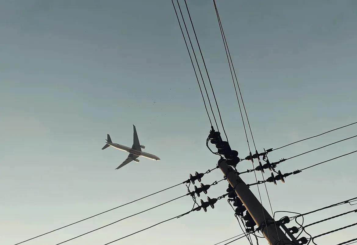 A passenger airplane crossing a pale sky above a utility pole tangled with black power lines