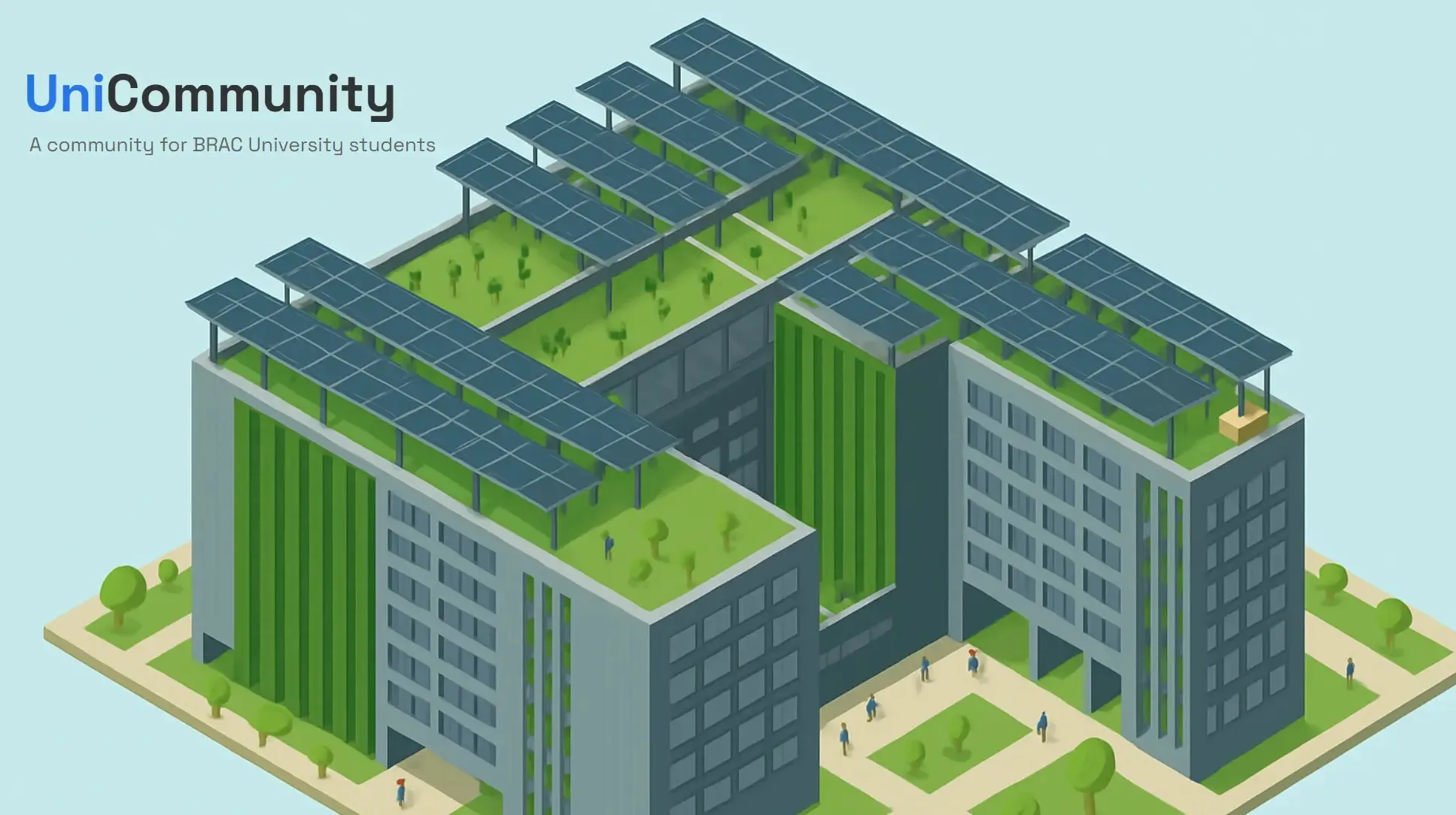 The UniCommunity sign-in screen beside an illustration of the BRAC University campus
