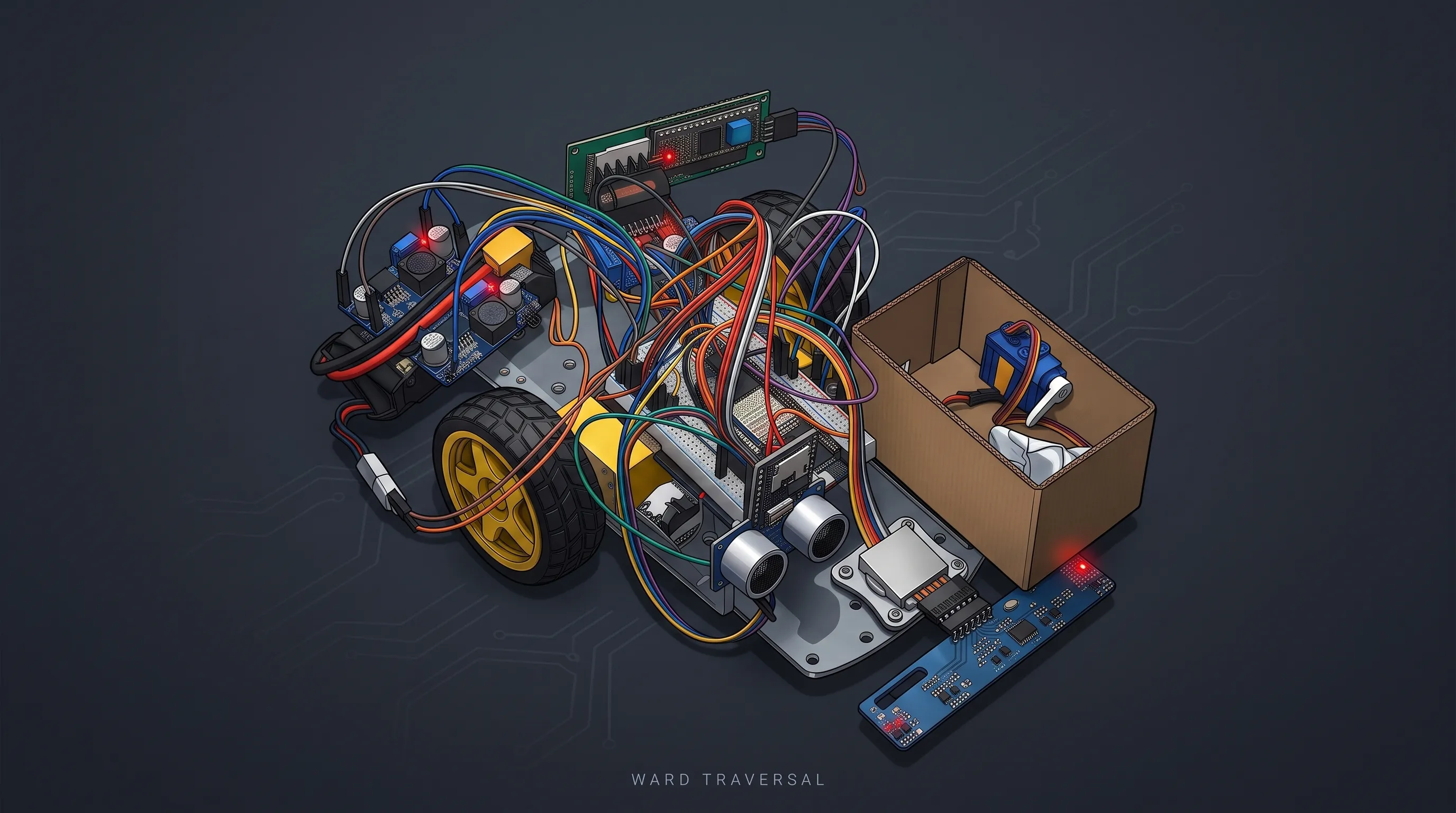 An autonomous delivery robot with ESP32 boards, sensors, motors, wiring, and a medicine compartment