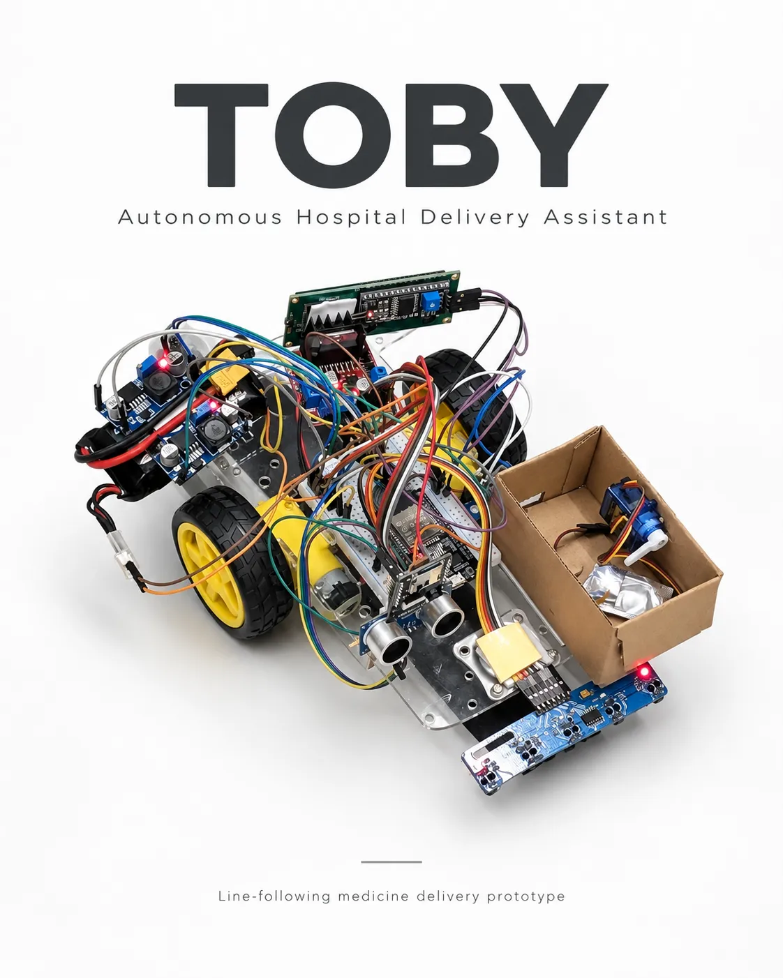 Toby line-following medicine delivery robot with ESP32 boards, sensors, motors, and a medicine compartment